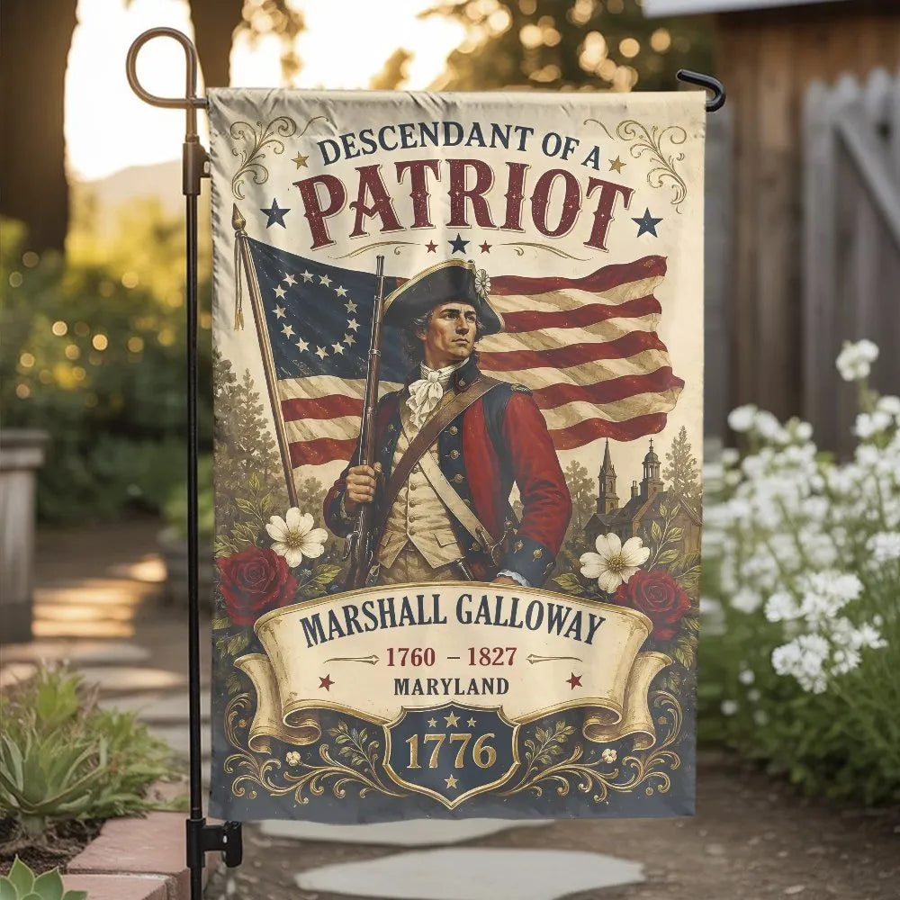 Personalized Descendant of a Patriot Garden Flag | Custom Revolutionary War Soldier Double Sided | Durable Weather Resistant 