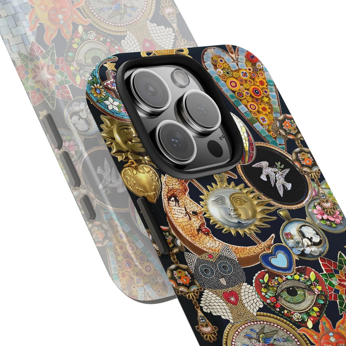 Eclectic Mosaic Celestial iPhone Case | Sun Moon Owl Mystical Art | Dual-Layer Polycarbonate Protection | Unique Spiritual Bo