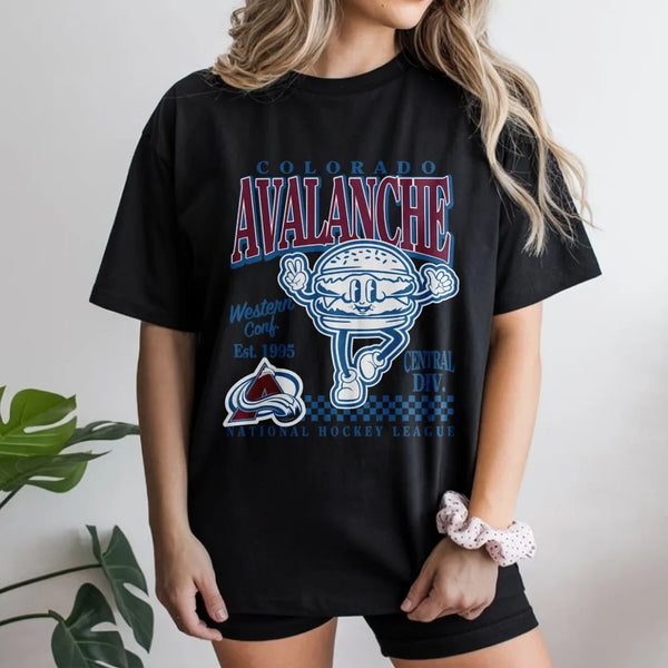 Colorado Avalanche T-Shirt | Vintage Retro Burger Mascot Graphic | 100% Premium Cotton Tee | Hockey Fan Apparel Gift