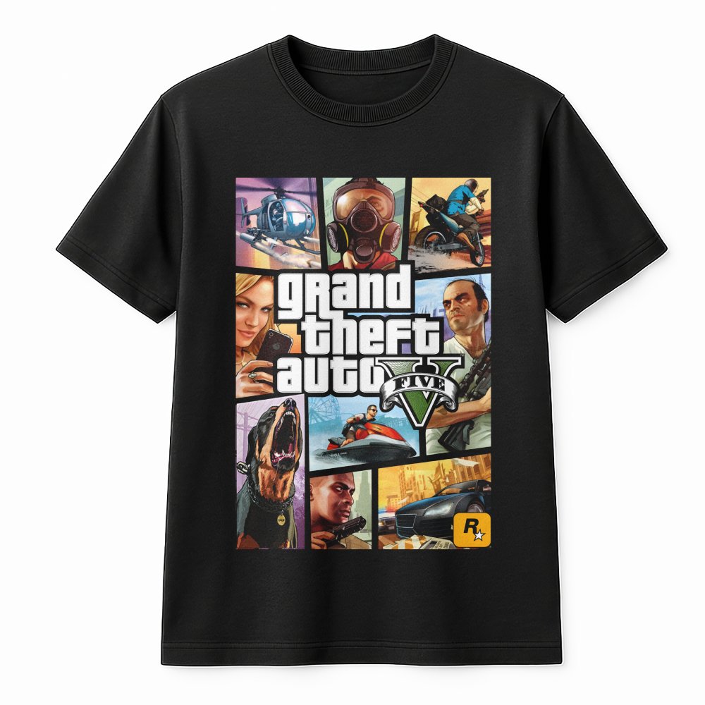 Grand Theft Auto V Graphic T-Shirt | Iconic Video Game Cover Art | Premium 100% Cotton Tee | Gift for Gamers and Open World F