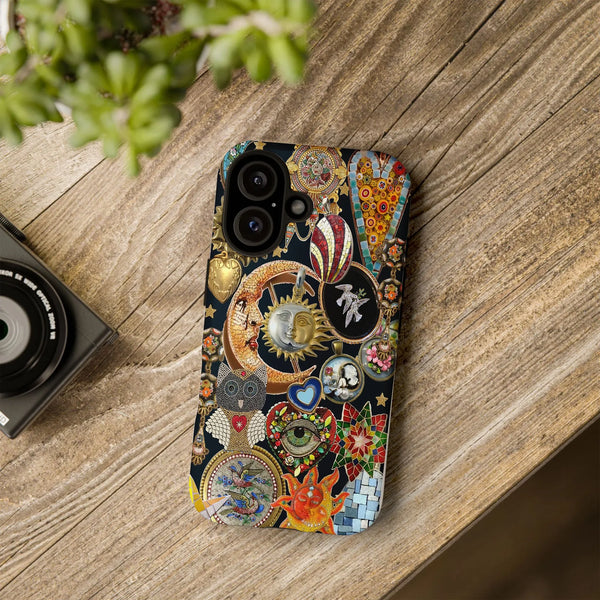 Eclectic Mosaic Celestial iPhone Case | Sun Moon Owl Mystical Art | Dual-Layer Polycarbonate Protection | Unique Spiritual Bo