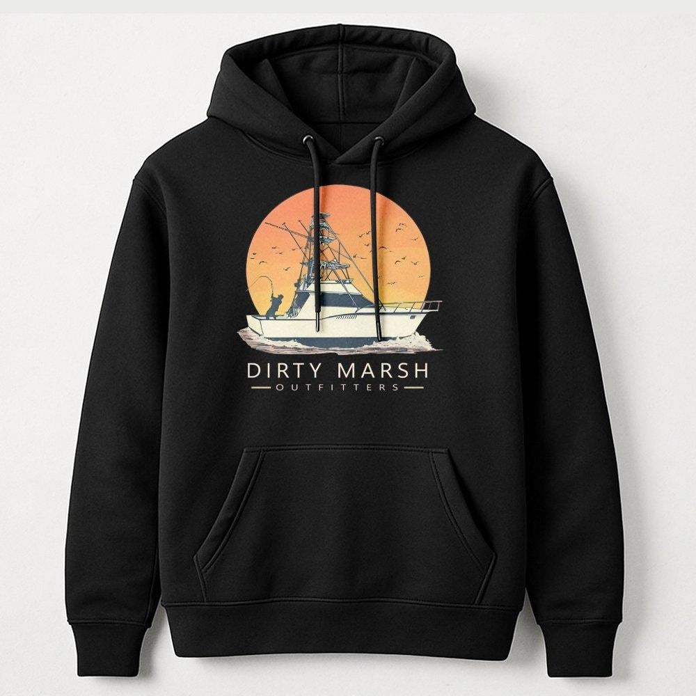Offshore Fishing Hoodie | Retro Sunset Boat Graphic Design | Premium Cotton Blend | Gift for Saltwater Angler and Coastal Lif