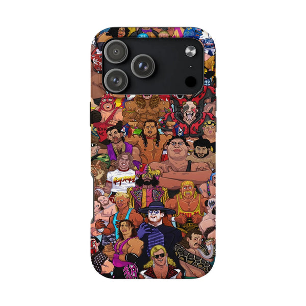 Wrestling Legends iPhone Case | Retro 90s Wrestler Cartoon Collage | Dual-Layer Protective Cover | Collector's Gift for Wrest