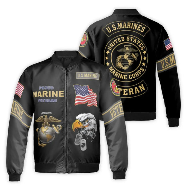 US Marine Veteran Bomber Jacket | Patriotic Eagle Globe & Anchor Print | Durable Nylon Shell | Military Gift for Men and Wome