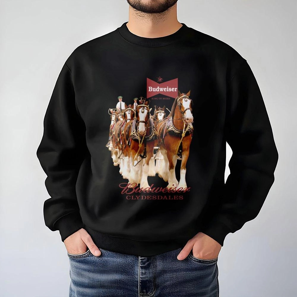 Clydesdale Horse Graphic Sweatshirt | Vintage Beer Logo Print | Premium Cotton-Blend Crewneck | Nostalgic Country Western Gif