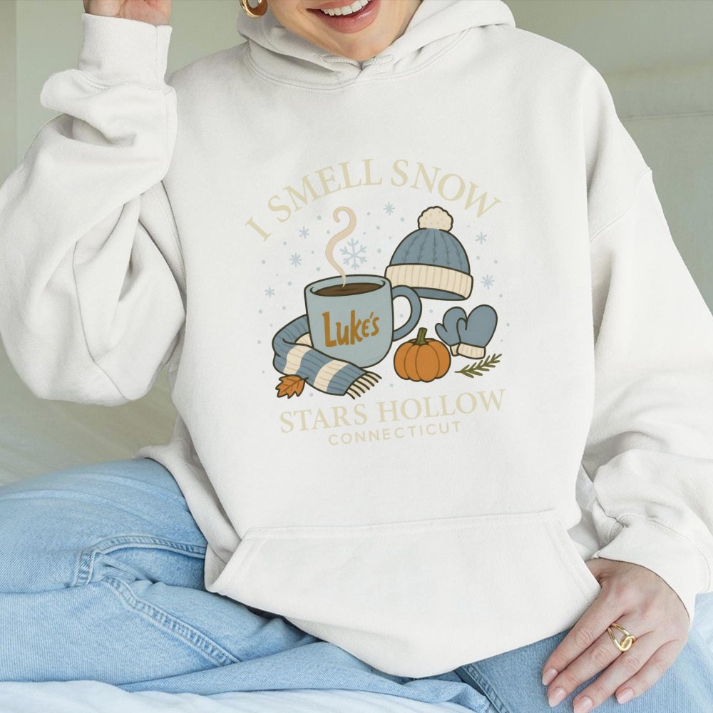 I Smell Snow Stars Hollow Hoodie | Cozy Luke Diner Coffee Graphic | Premium Cotton-Poly Blend | TV Show Fan Gift for Winter L