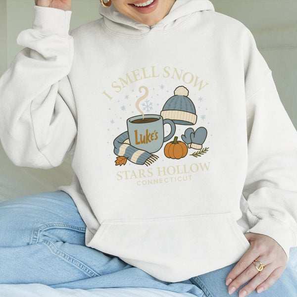 I Smell Snow Stars Hollow Hoodie | Cozy Luke Diner Coffee Graphic | Premium Cotton-Poly Blend | TV Show Fan Gift for Winter L
