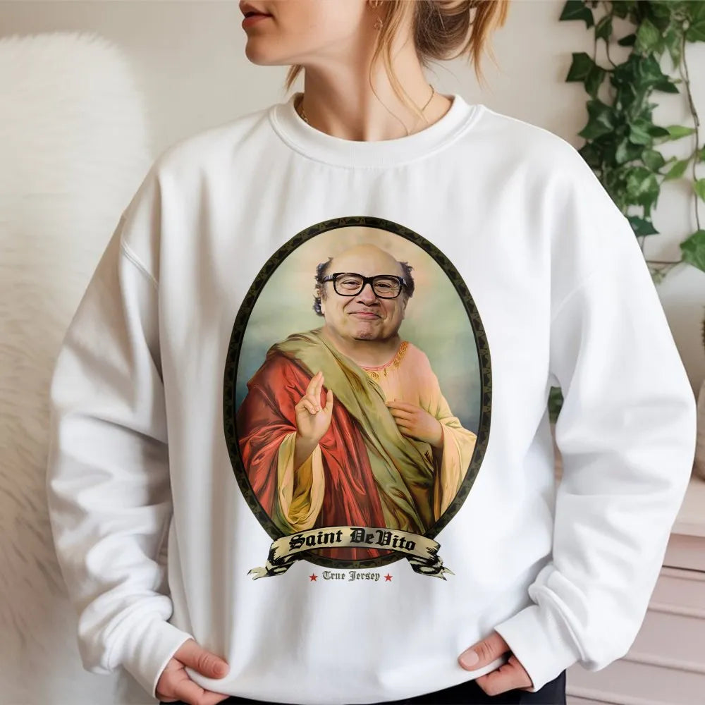 Saint Danny Devito Sweatshirt | Funny Celebrity Meme Graphic Print | Premium Cotton Blend | Unisex Pop Culture Gift For Fans