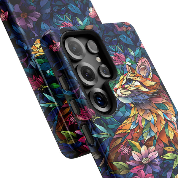 Stained Glass Cat Phone Case | Floral Mosaic Art Design | Dual-Layer Polycarbonate Protection | Unique Gift for Cat Lovers Sa