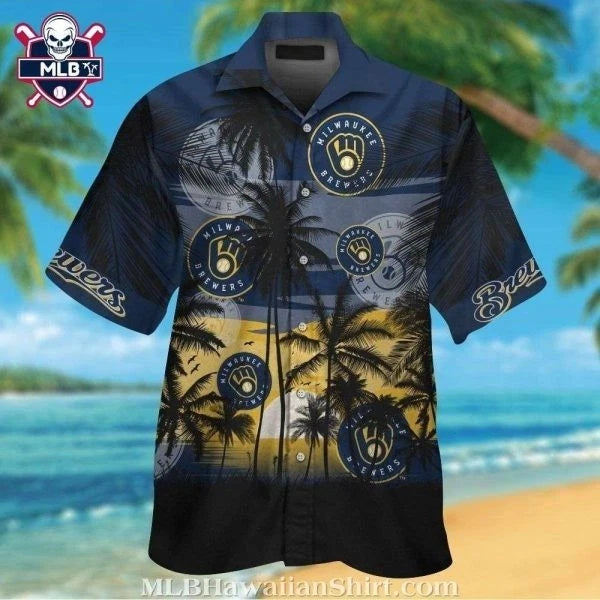 Milwaukee Brewers Hawaiian Shirt | Sunset Palm Tree Graphic Print | Premium Lightweight Fabric | Baseball Fan Gift for Men an