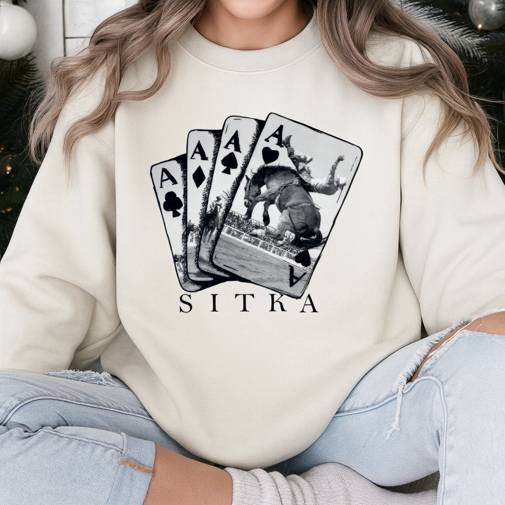 Sitka Rodeo Sweatshirt | Western Cowboy Bull Riding Playing Cards Graphic | Cotton-Blend Premium Pullover | Gift for Country 