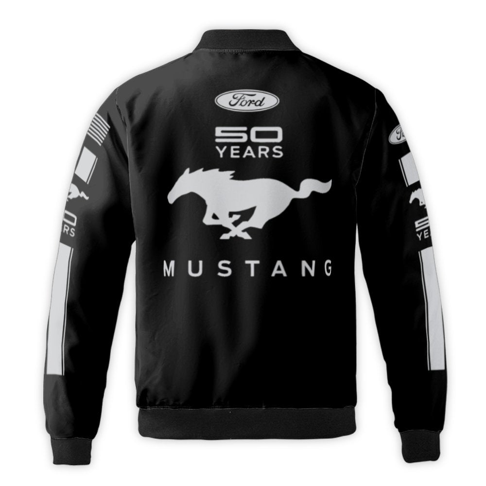 Ford Mustang Bomber Jacket | 50th Anniversary Logo Print | Durable Nylon Outerwear | Classic Streetwear Gift for Muscle Car E