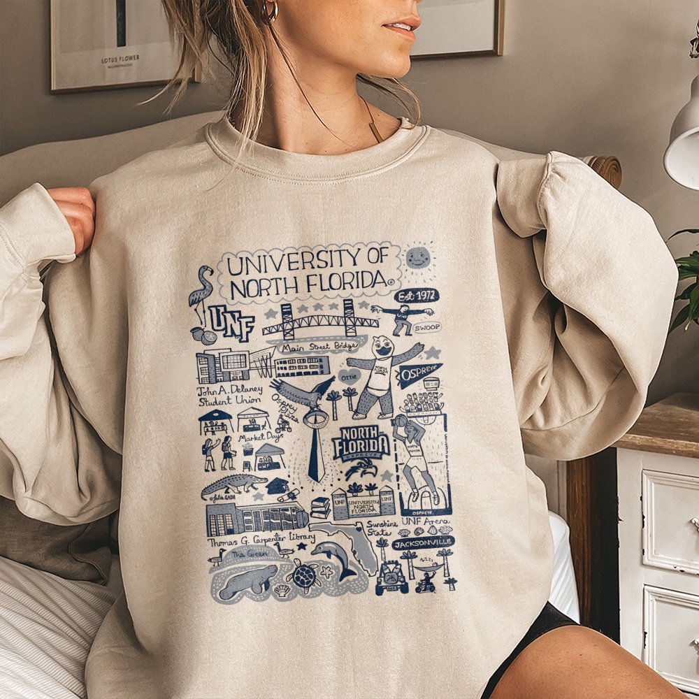 University Of North Florida Sweatshirt | UNF Ospreys Campus Map Doodle | Premium Cotton Blend | Gift For UNF Students Alumni 