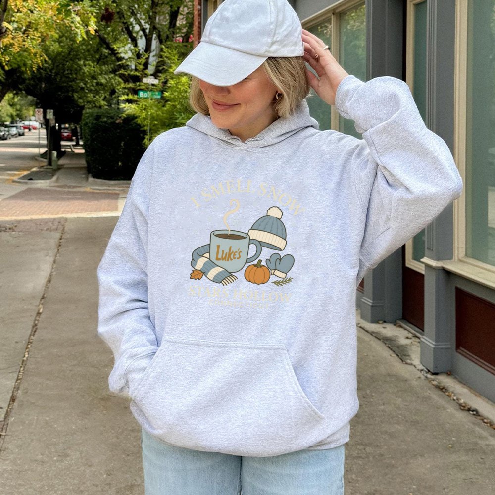 I Smell Snow Stars Hollow Hoodie | Cozy Luke Diner Coffee Graphic | Premium Cotton-Poly Blend | TV Show Fan Gift for Winter L
