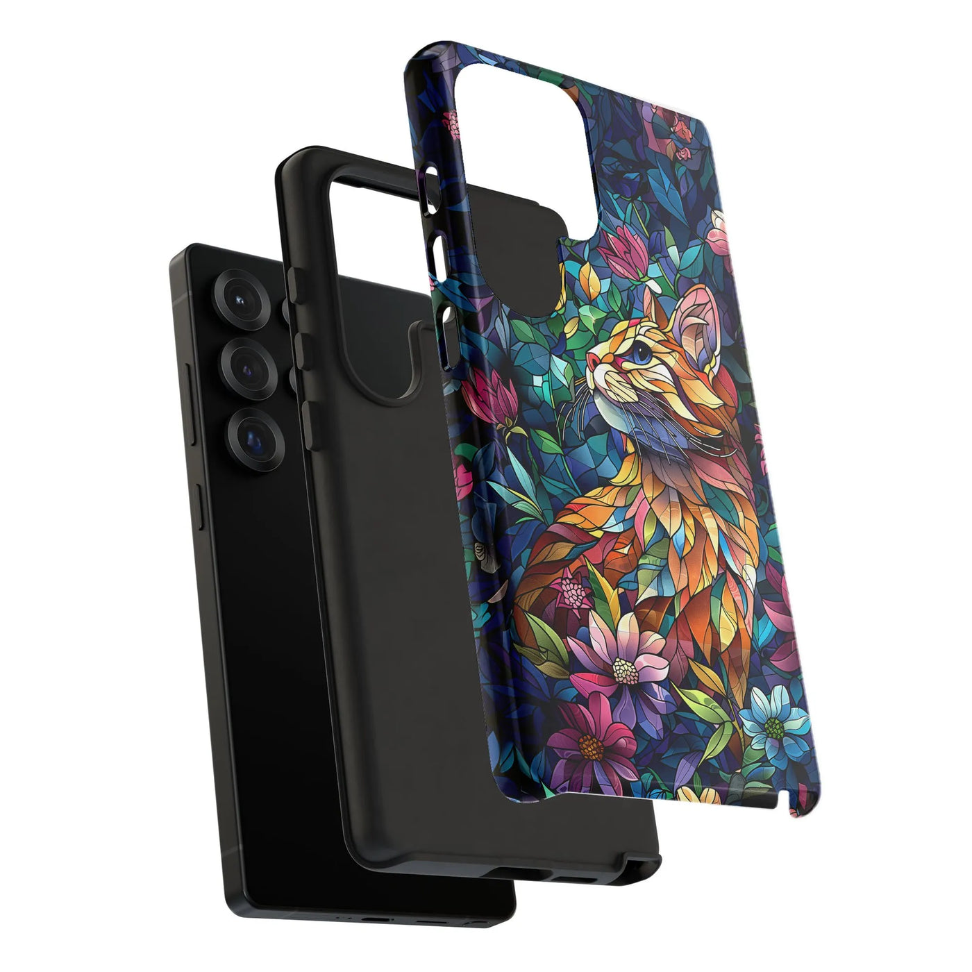 Stained Glass Cat Phone Case | Floral Mosaic Art Design | Dual-Layer Polycarbonate Protection | Unique Gift for Cat Lovers Sa