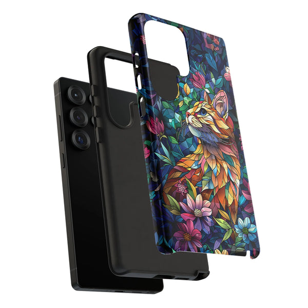 Stained Glass Cat Phone Case | Floral Mosaic Art Design | Dual-Layer Polycarbonate Protection | Unique Gift for Cat Lovers Sa