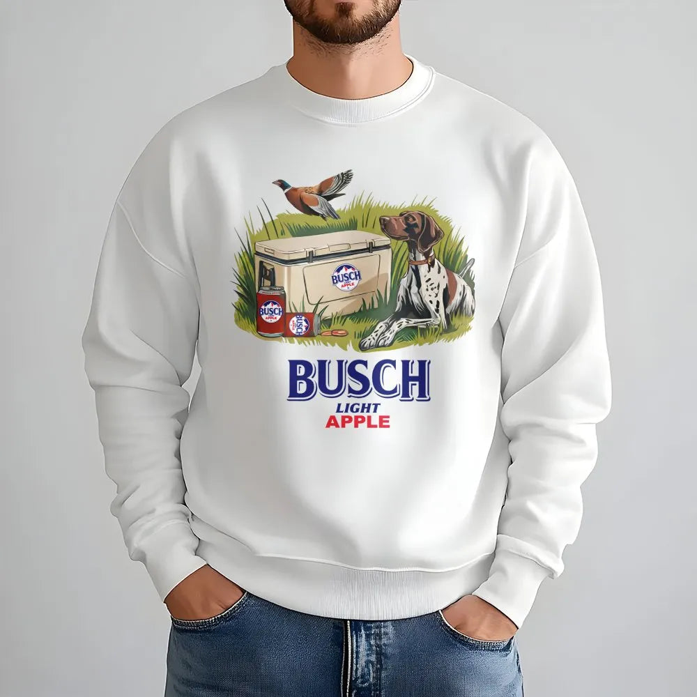 Busch Light Apple Sweatshirt | Hunting Dog & Beer Cooler Graphic | Premium Cotton Blend | Gift For Outdoorsmen & Beer Lovers