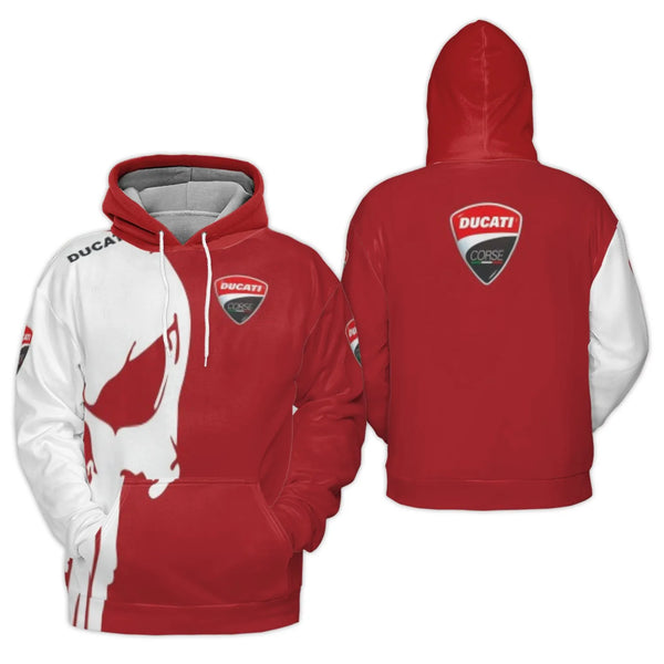 Ducati Corse Hoodie | Graphic Skull Red White Pullover | Brushed Fleece Polyester | Motorsport Fan Gift