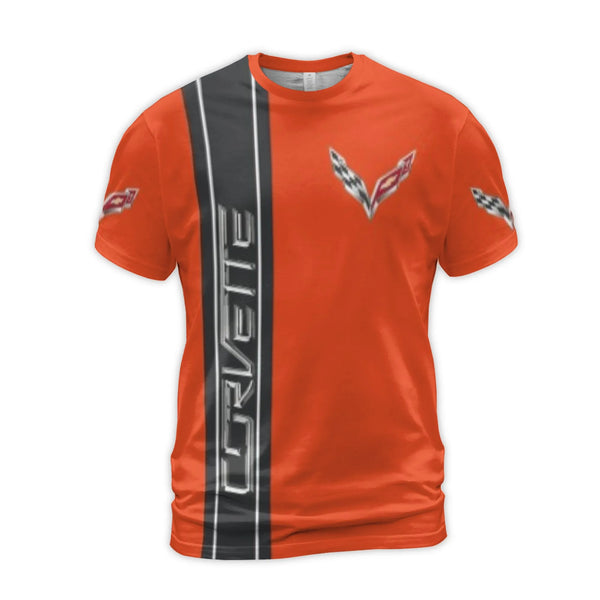 Corvette Sports Car 3D Graphic T-Shirt | Racing Stripe & Crossed Flags Logo | Premium Polyester Spandex | Gift for Car Enthus