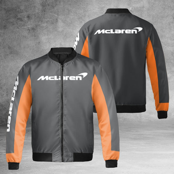 McLaren F1 Racing Bomber Jacket | Papaya Orange and Grey Streetwear | Durable Nylon Construction | Gift for Motorsport Formul