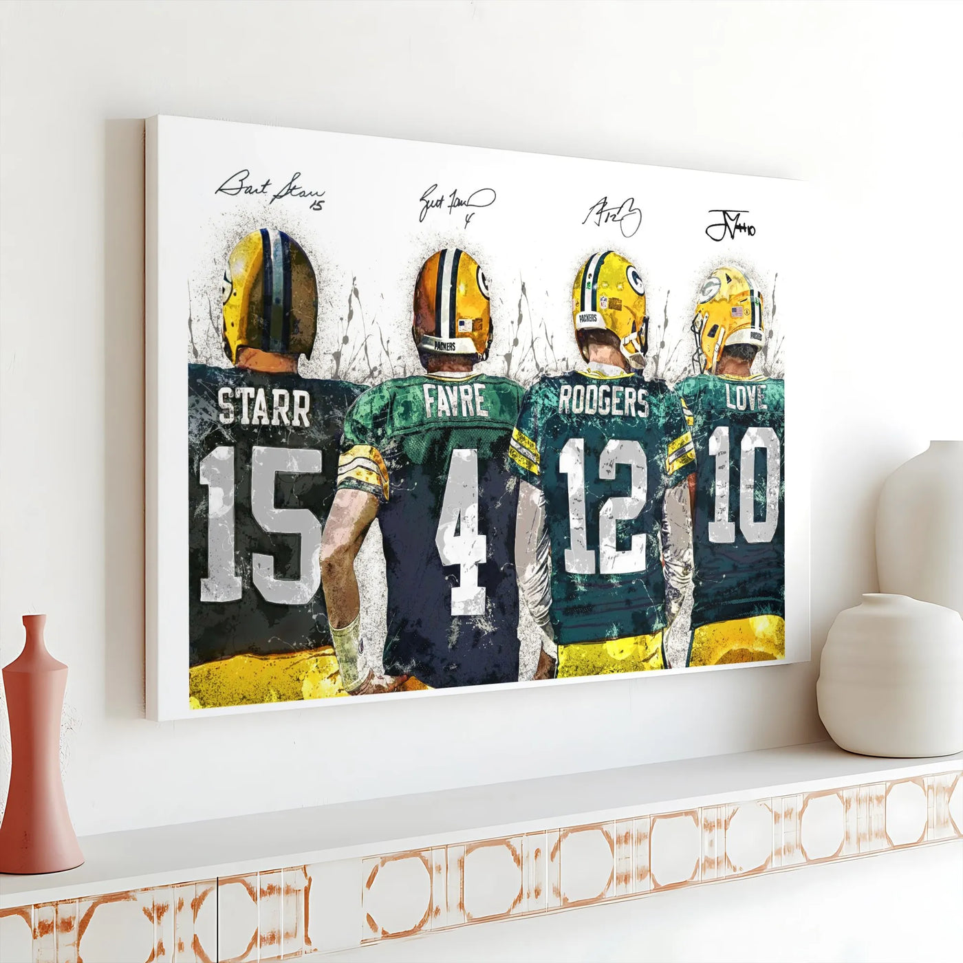 Green Bay Packers Quarterback Wall Art | Bart Starr Brett Favre Aaron Rodgers Jordan Love Poster | Premium Gallery Wrapped Ca