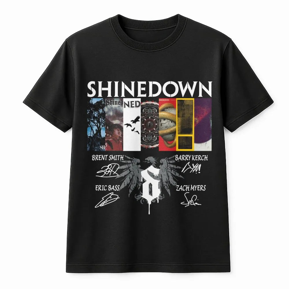 Shinedown Band T-Shirt | Album Collage Graphic with Autographs | Premium Soft Cotton Tee | Music Tour Merch Gift for Rock Fan