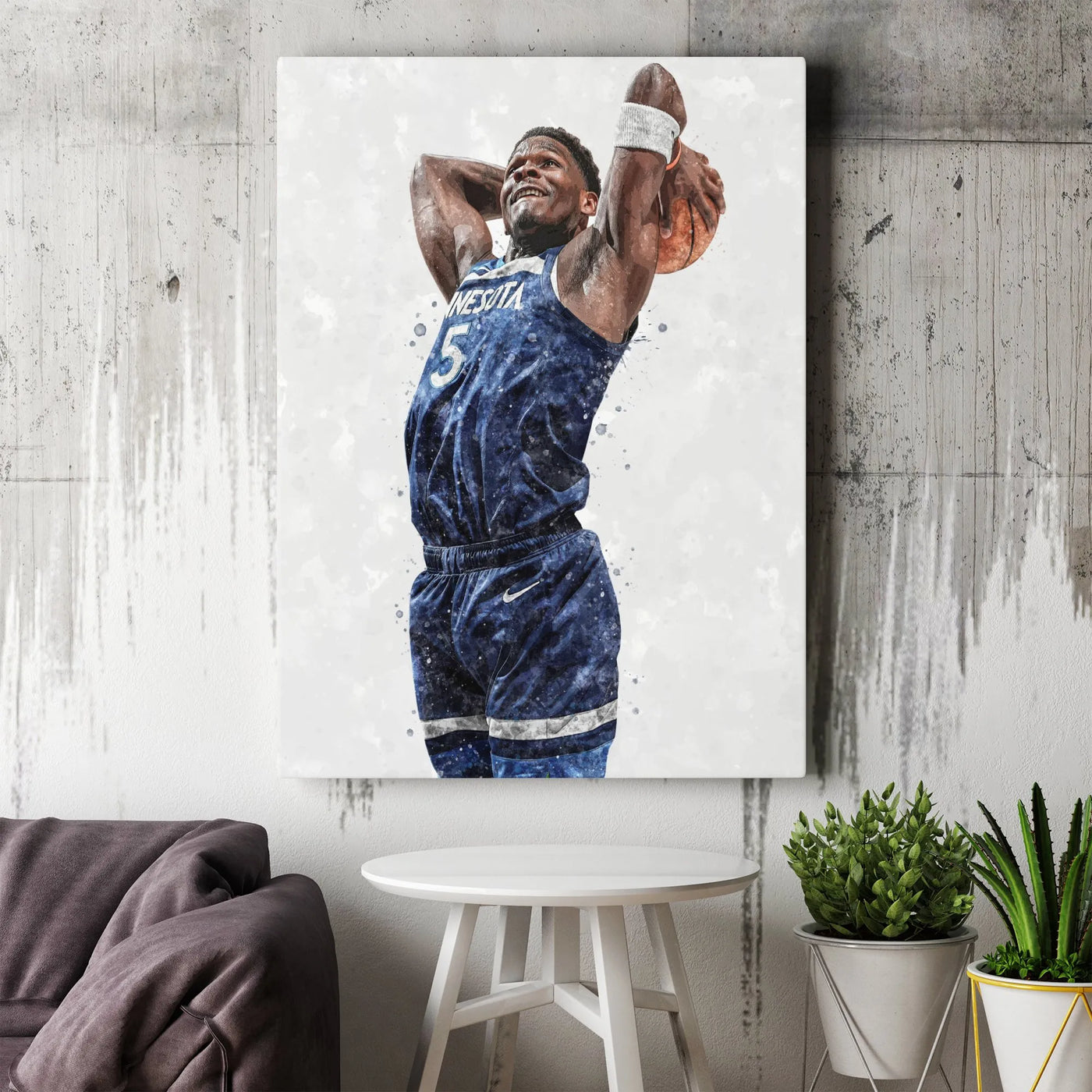 Anthony Edwards Basketball Canvas Print | Minnesota Star Player Watercolor Art | 1.25 Inch Gallery Wrap | Premium Sports Fan 