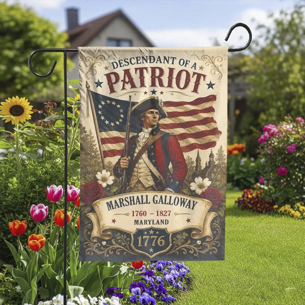 Personalized Descendant of a Patriot Garden Flag | Custom Revolutionary War Soldier Double Sided | Durable Weather Resistant 