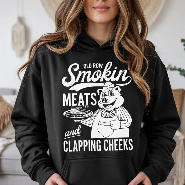 Smokin Meats And Clapping Cheeks Hoodie | Funny BBQ Master Graphic Sweatshirt | Premium Cotton Blend | Gift For Pitmaster Gri