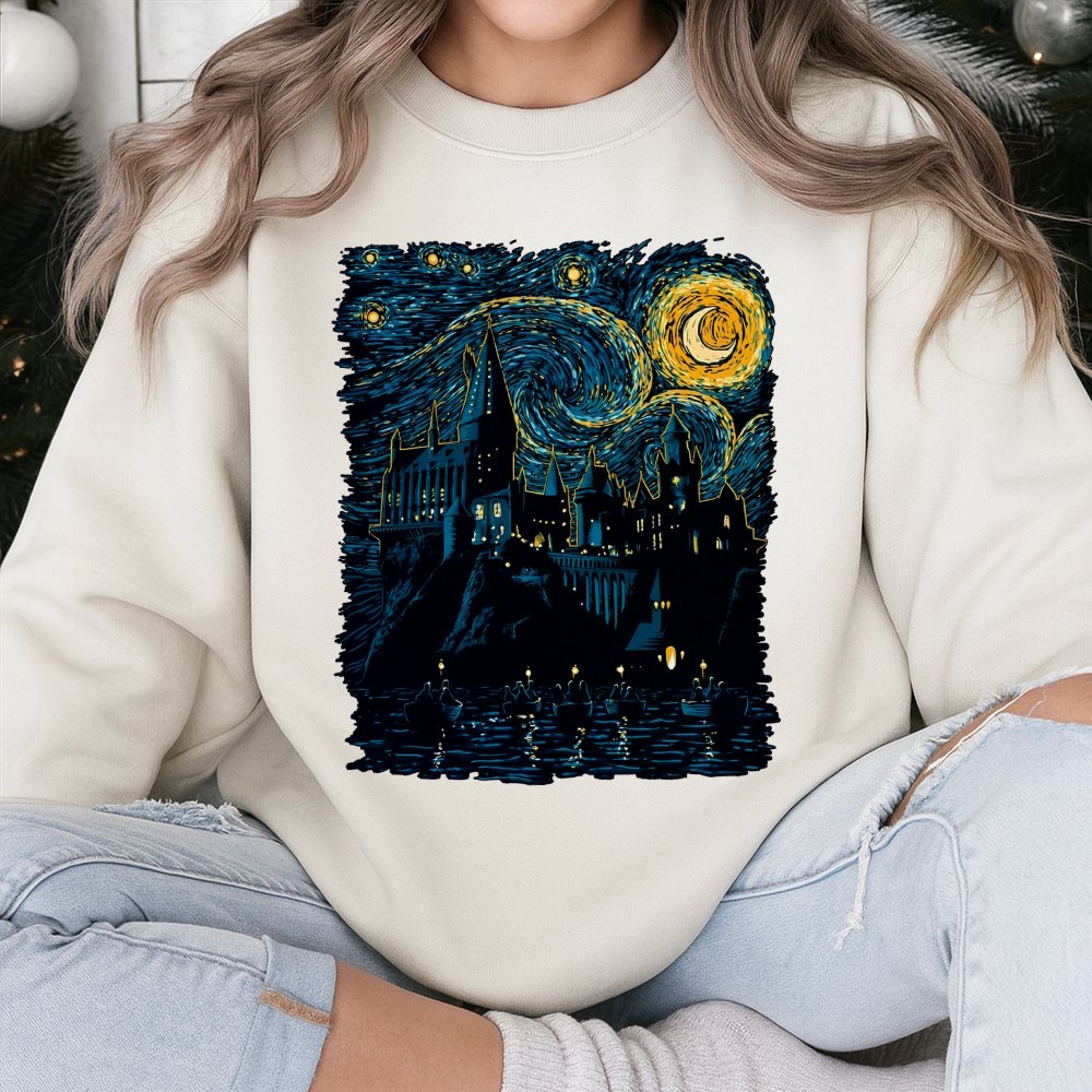 Wizard School Castle Sweatshirt | Starry Night Impressionist Art Design | Premium Cotton Blend | Magical Fan Gift For Adults