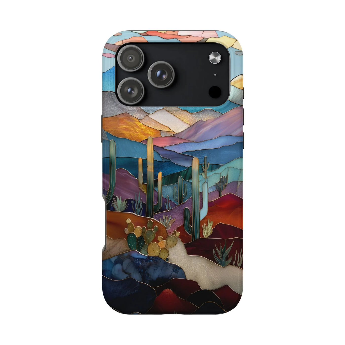 Stained Glass Desert Phone Case | Cactus Mountain Landscape Art | Dual-Layer Polycarbonate Protection | Unique Nature Lover G