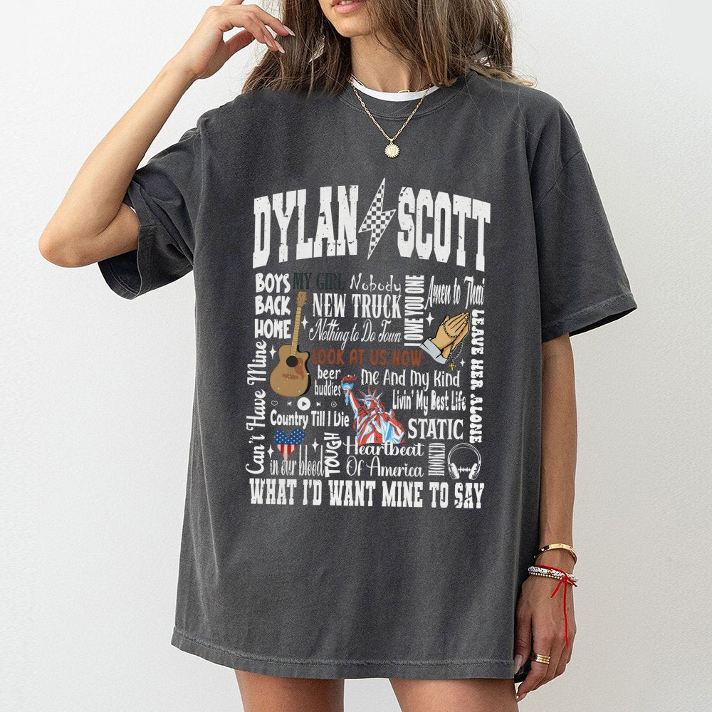 Dylan Scott Graphic T-Shirt | Country Music Song List Collage Design | Premium 100% Cotton Tee | Gift for Country Music Fans 