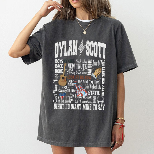 Dylan Scott Graphic T-Shirt | Country Music Song List Collage Design | Premium 100% Cotton Tee | Gift for Country Music Fans 