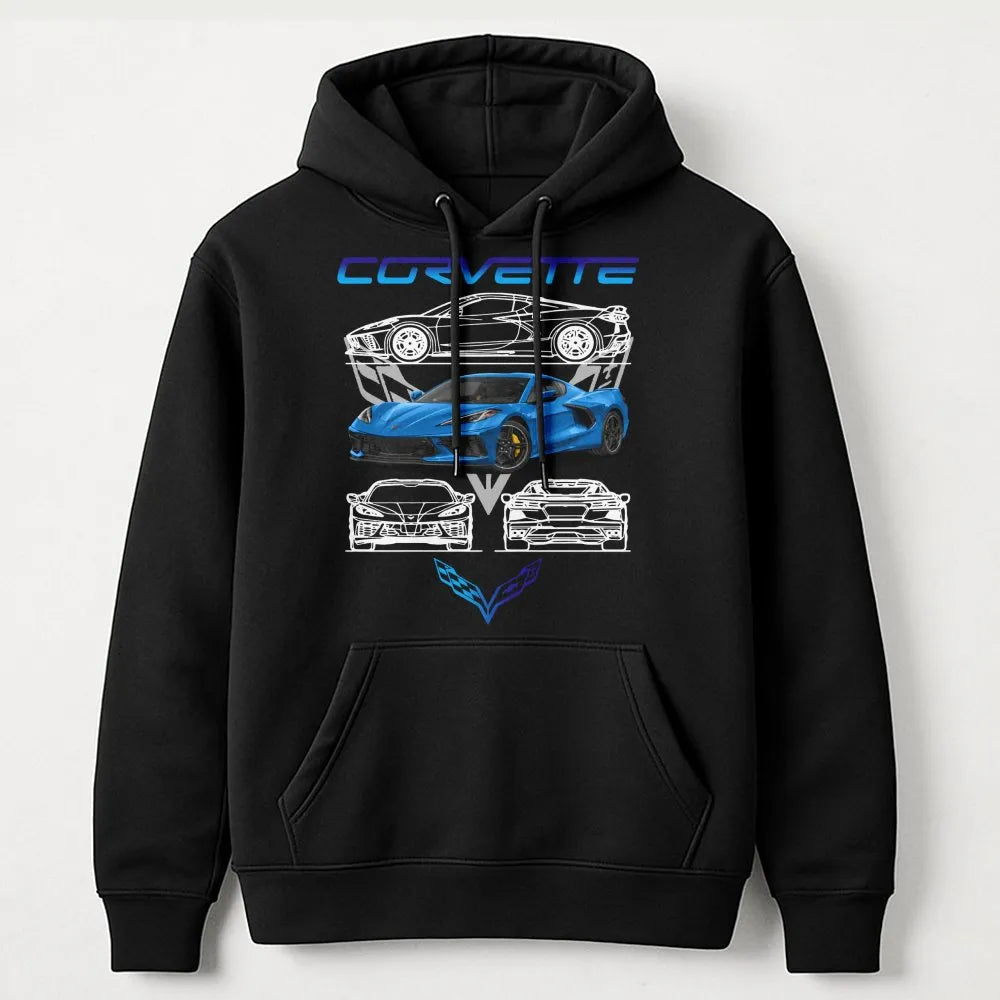 Corvette C8 Hoodie | Blue Sports Car Graphic Print | Premium Cotton Blend | Gift for Car Enthusiasts & Racing Fans