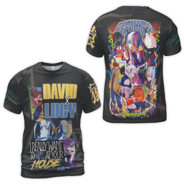 Cyberpunk Anime Graphic T-Shirt | David and Lucy All-Over Print | Premium Polyester Blend | Aesthetic Streetwear Gift for Fan
