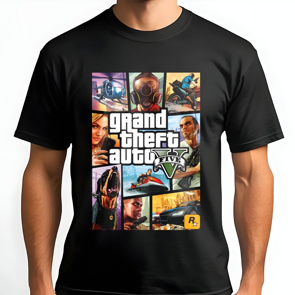 Grand Theft Auto V Graphic T-Shirt | Iconic Video Game Cover Art | Premium 100% Cotton Tee | Gift for Gamers and Open World F