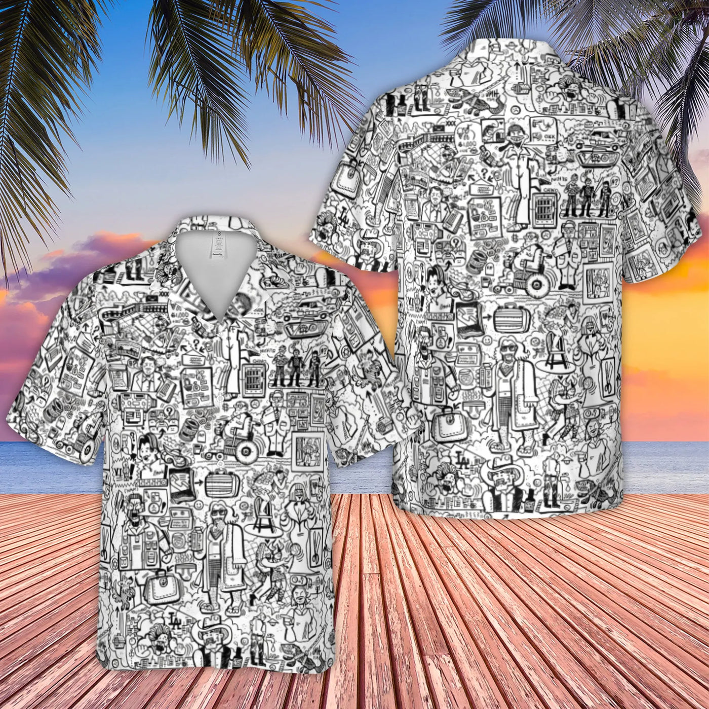 Cult Classic Movie Character Hawaiian Shirt | Doodle Collage Graphic Print | Premium Woven Polyester | Fun Birthday Gift For 
