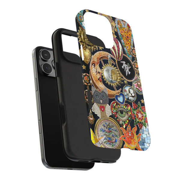 Eclectic Mosaic Celestial iPhone Case | Sun Moon Owl Mystical Art | Dual-Layer Polycarbonate Protection | Unique Spiritual Bo