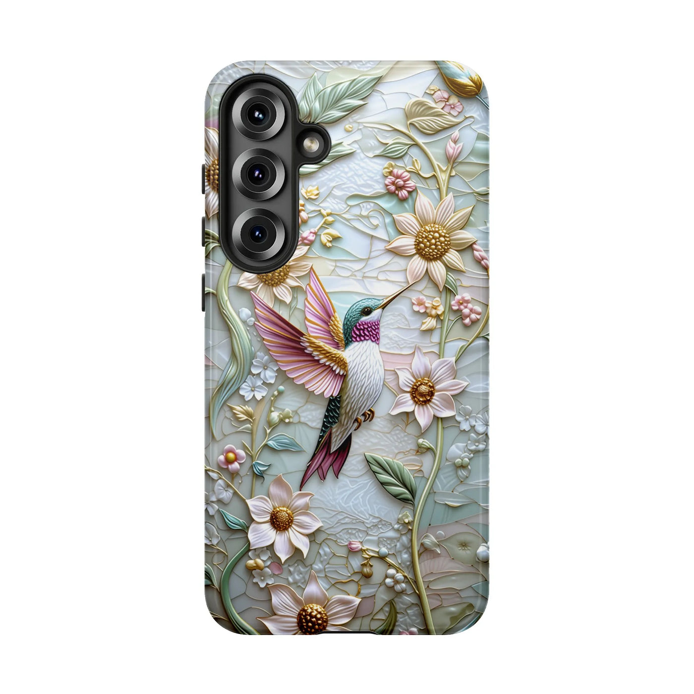 Hummingbird Floral Phone Case | Mosaic Stained Glass Art Style | Dual-Layer Polycarbonate Protection | Unique Gift for Her Sa