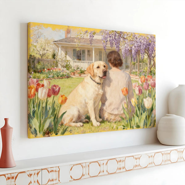 Vintage Yellow Lab Painting Canvas | Woman and Dog in Cottage Flower Garden Art | Premium Gallery Wrapped Print | Gift for Do