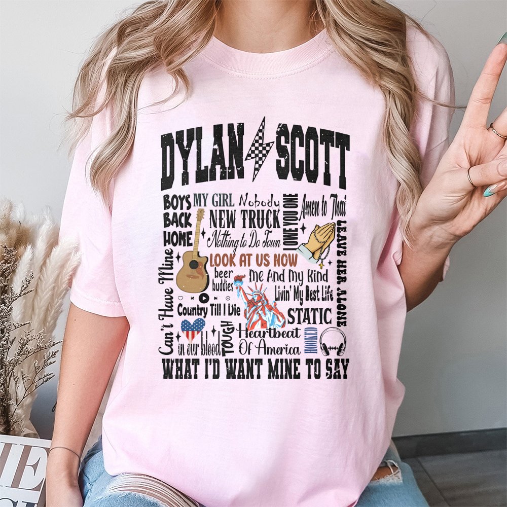 Dylan Scott Graphic T-Shirt | Country Music Song List Collage Design | Premium 100% Cotton Tee | Gift for Country Music Fans 