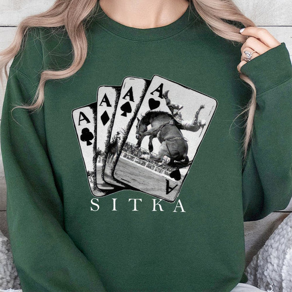 Sitka Rodeo Sweatshirt | Western Cowboy Bull Riding Playing Cards Graphic | Cotton-Blend Premium Pullover | Gift for Country 