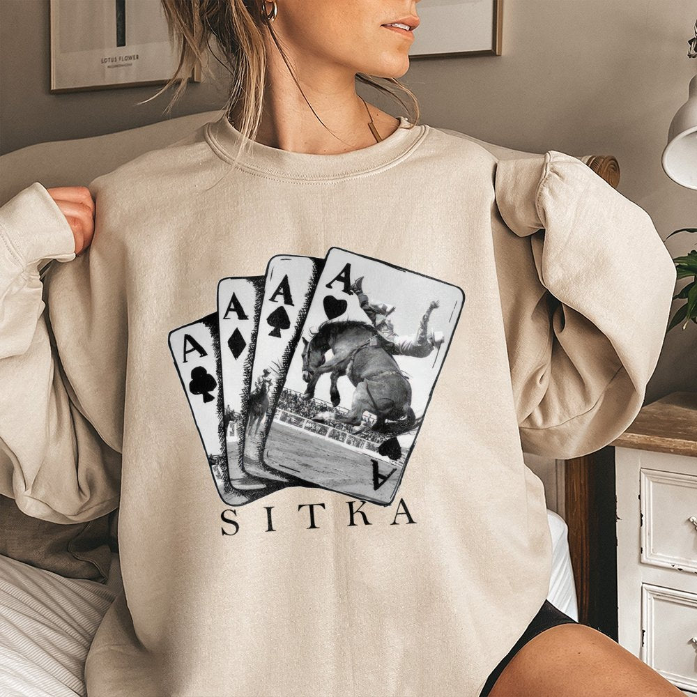 Sitka Rodeo Sweatshirt | Western Cowboy Bull Riding Playing Cards Graphic | Cotton-Blend Premium Pullover | Gift for Country 