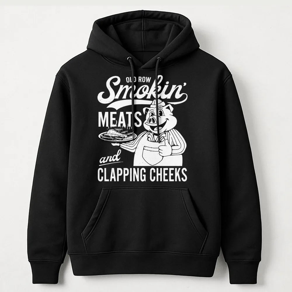 Smokin Meats And Clapping Cheeks Hoodie | Funny BBQ Master Graphic Sweatshirt | Premium Cotton Blend | Gift For Pitmaster Gri