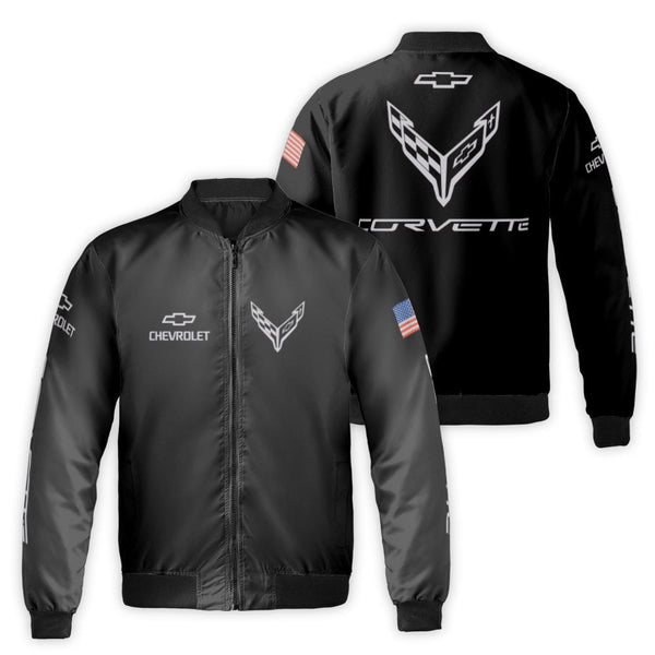 Chevrolet Corvette Bomber Jacket | C8 Logo American Flag Print | Durable Nylon Streetwear | Premium Gift for Sports Car Enthu