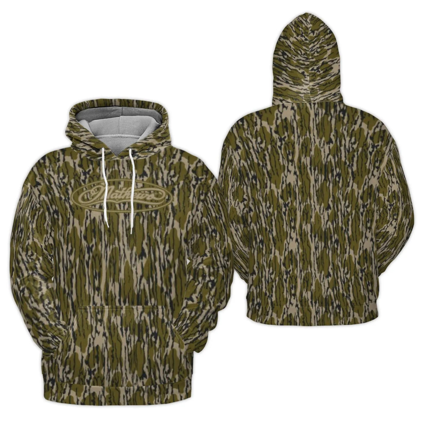 Mathews Camo 3D Hoodie | Tree Bark Hunting Pattern Sweatshirt | Premium Polyester Brushed Fleece | Gift for Archers and Outdo