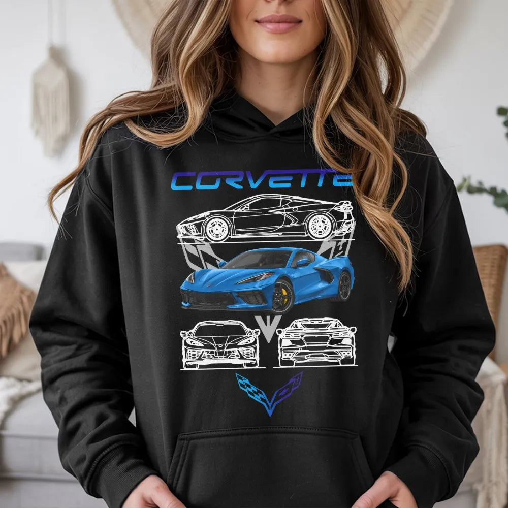 Corvette C8 Hoodie | Blue Sports Car Graphic Print | Premium Cotton Blend | Gift for Car Enthusiasts & Racing Fans