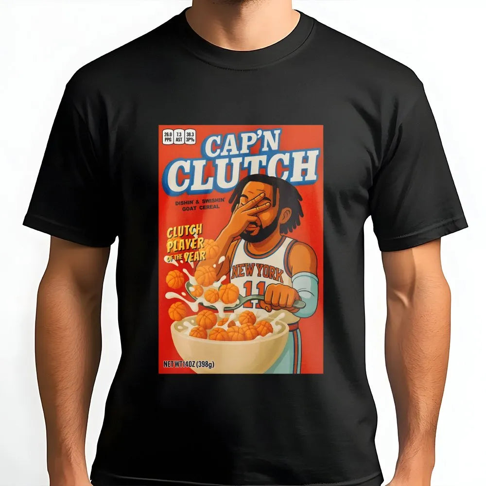 Jalen Brunson T-Shirt | Cap'n Clutch Cereal Box Graphic Design | Premium Soft Cotton | Basketball Gift for New York Knicks Fa