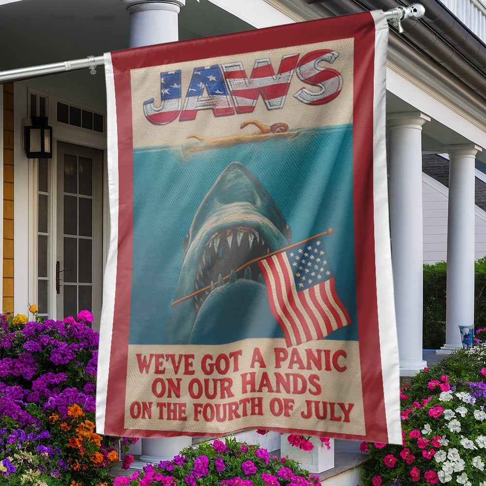 Shark Movie Patriotic House Flag | Jaws Inspired Fourth of July Decor | Durable Weather-Resistant Polyester | Gift for Horror