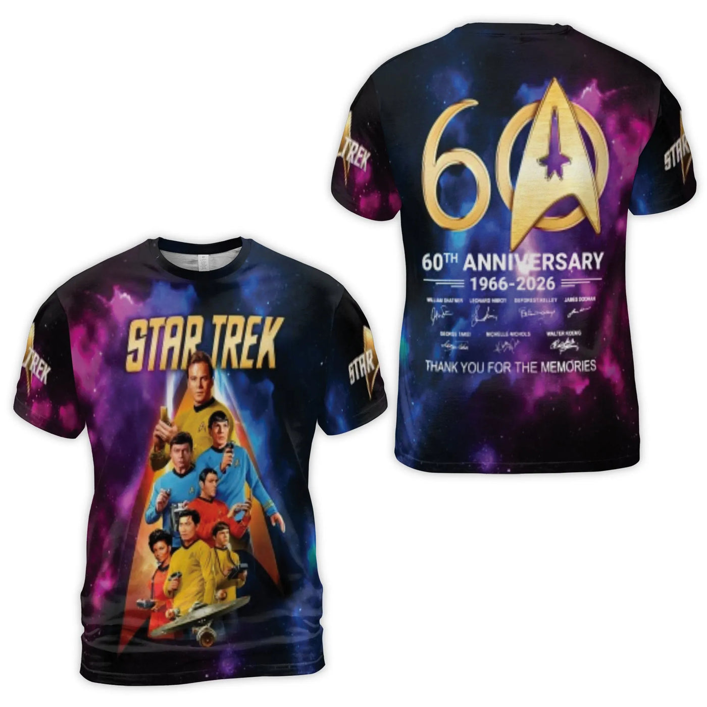 Star Trek 60th Anniversary T-Shirt | Original Series Cast Signatures 3D Graphic Tee | Premium Polyester Blend | Collector's G